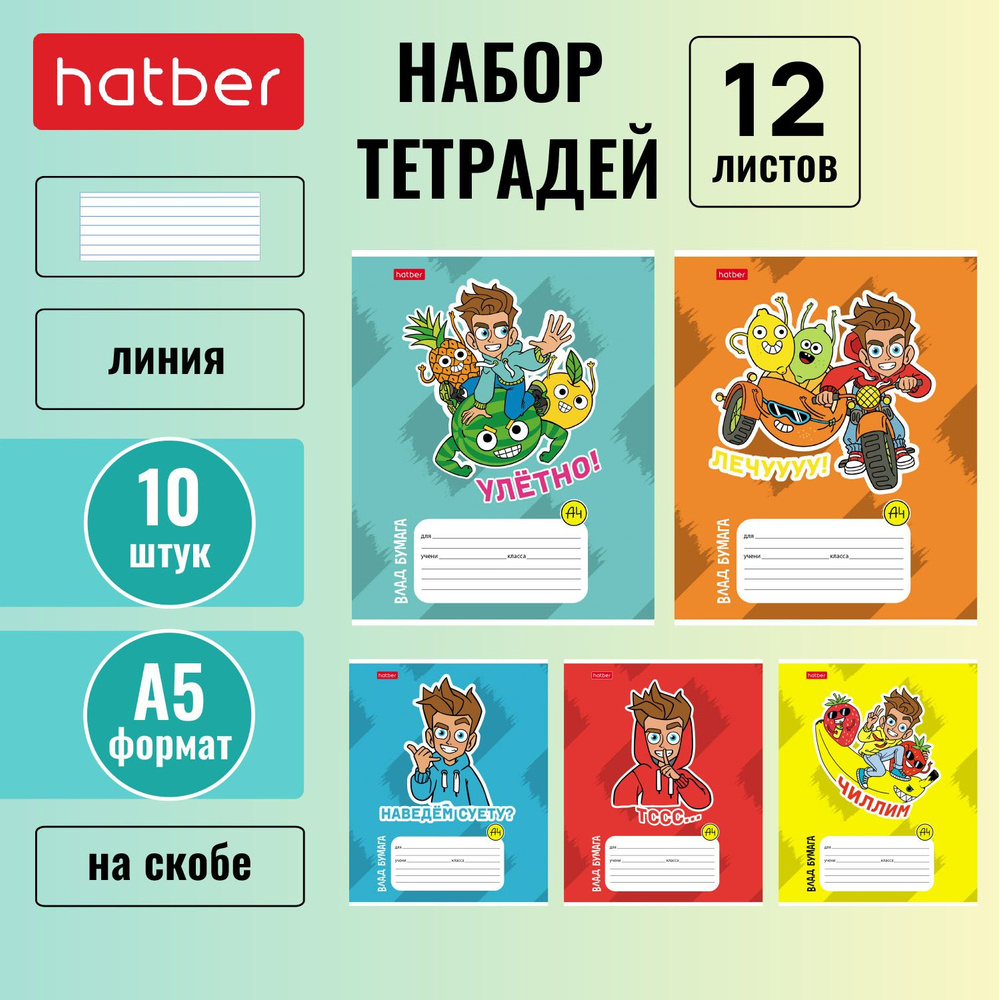 Тетрадь Hatber 12 листов, в одну линию, 10 штук/5 дизайнов, формата А5, мерч Влад А4  #1