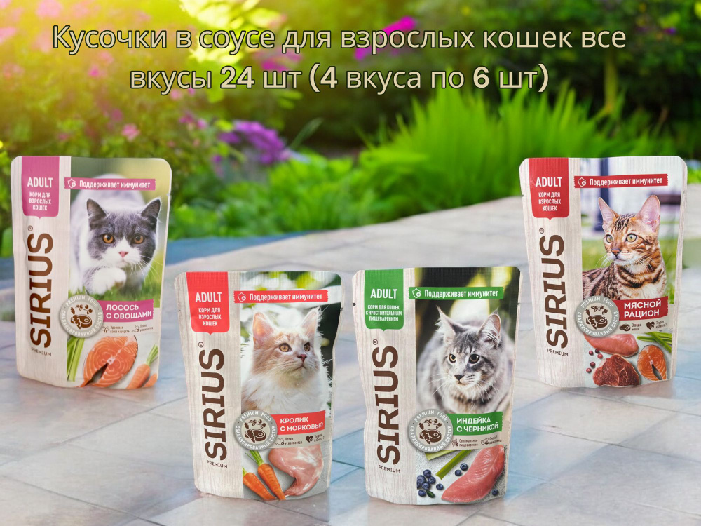 Влажный корм Sirius для кошек Кусочки в соусе 4 ВИДА ПО 6 ШТ (24 шт)  #1