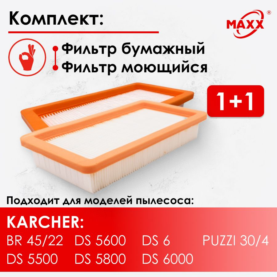 Фильтр моющийся и бумажный для пылесоса Karcher DS 6 5500 5600 5800 6.000 BR 45/22 C PUZZI 30/4 (6.414-631.0, #1