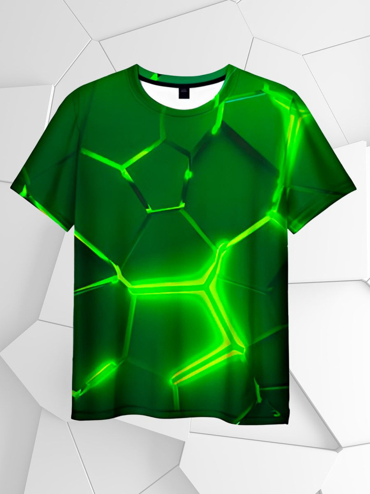 Футболка Vsemayki 3D 3D ПЛИТЫ НЕОН / NEON GREEN HEXAGON РАЗЛОМ #1