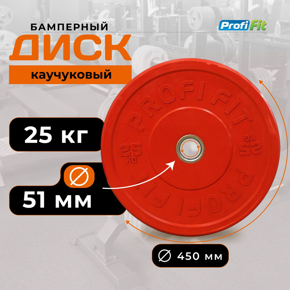 Диск для штанги 25 кг 51 мм каучуковый цветной PROFI-FIT #1