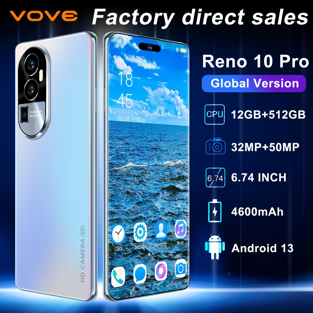 vove Смартфон Ультра тонкий новый reno10pro Dual SIM Dual Standby Мобильный телефон Ультра низкая цена #1