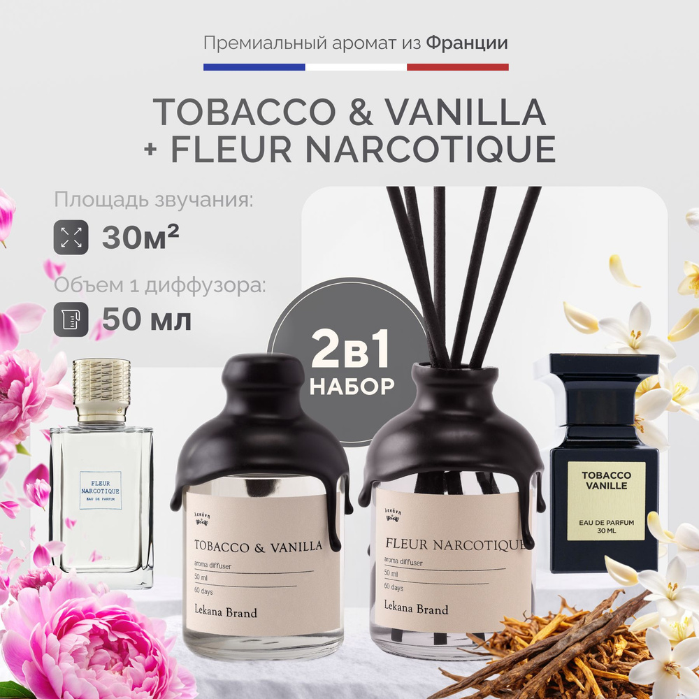 Ароматический диффузор для дома, Tobacco & Vanilla+Fleur Narcotique, 2*50 мл, Ароматизатор для офиса #1