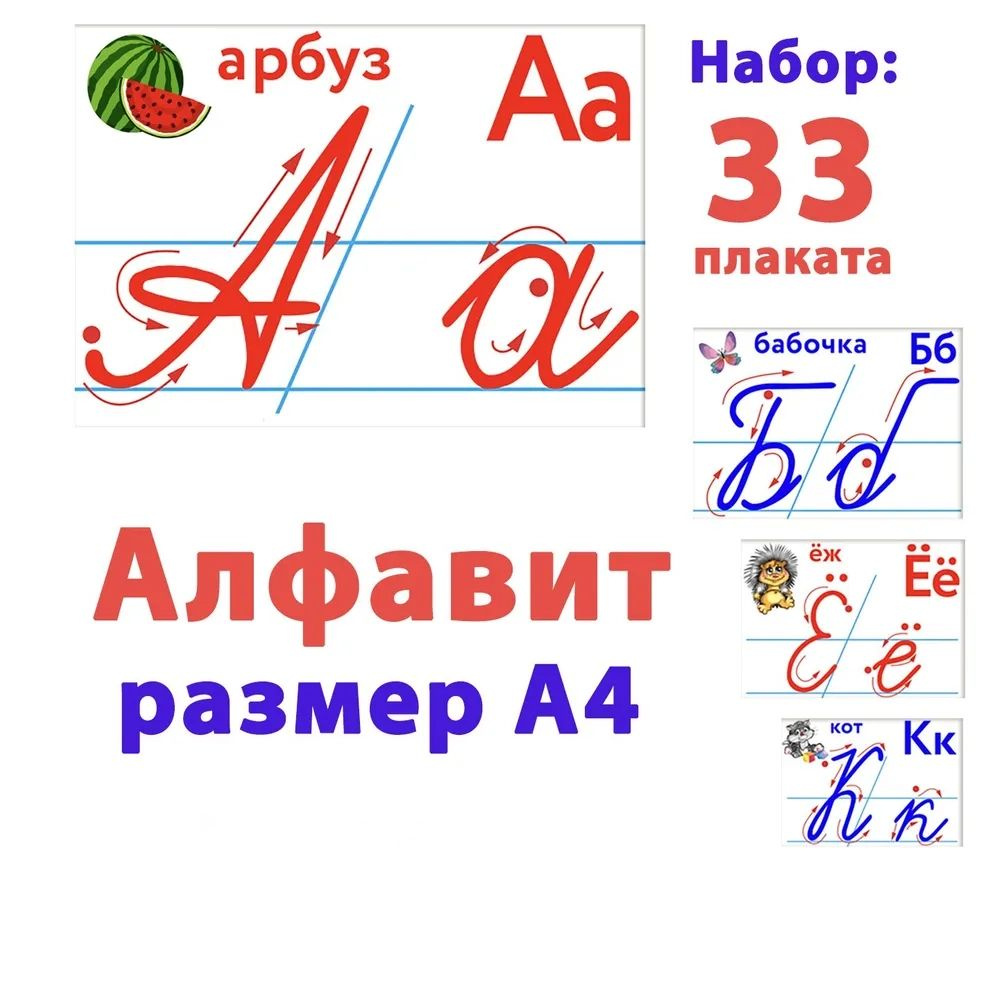 Алфавит (прописные и печатные буквы, 33 плаката, размер А4), 1 набор.  #1