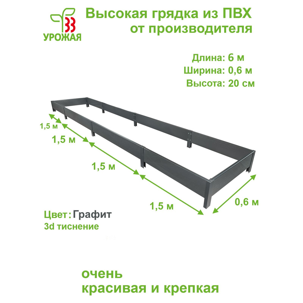 Высокая грядка на дачу из ПВХ 6,0х0,6 м, высота 20 см, цвет Графит (темно-серый)  #1