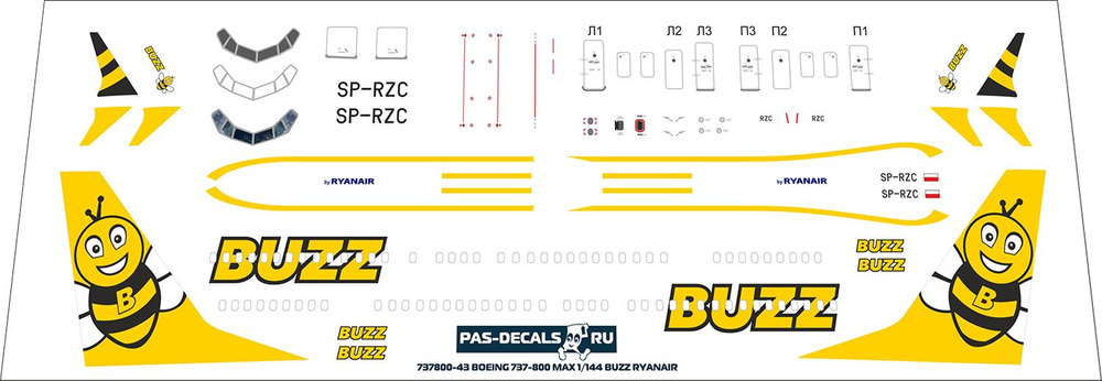 1/144 Лазерная ДЕКАЛЬ PAS-DECALS Boeing 737-800 ЗВЕЗДА BUZZ Ryanair #1