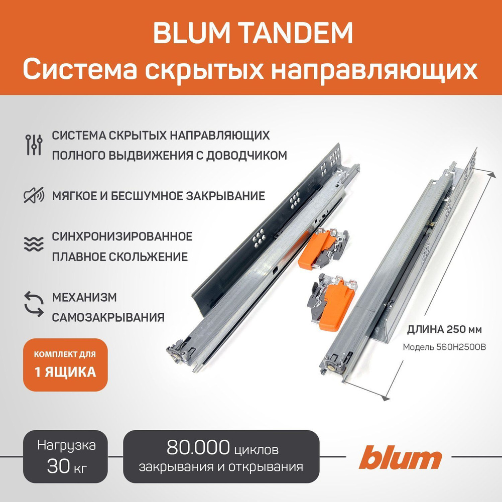 Комплект направляющих полного выдвижения 560H2500B BLUM TANDEM 250 мм с доводчиком+ замки . Комплект #1