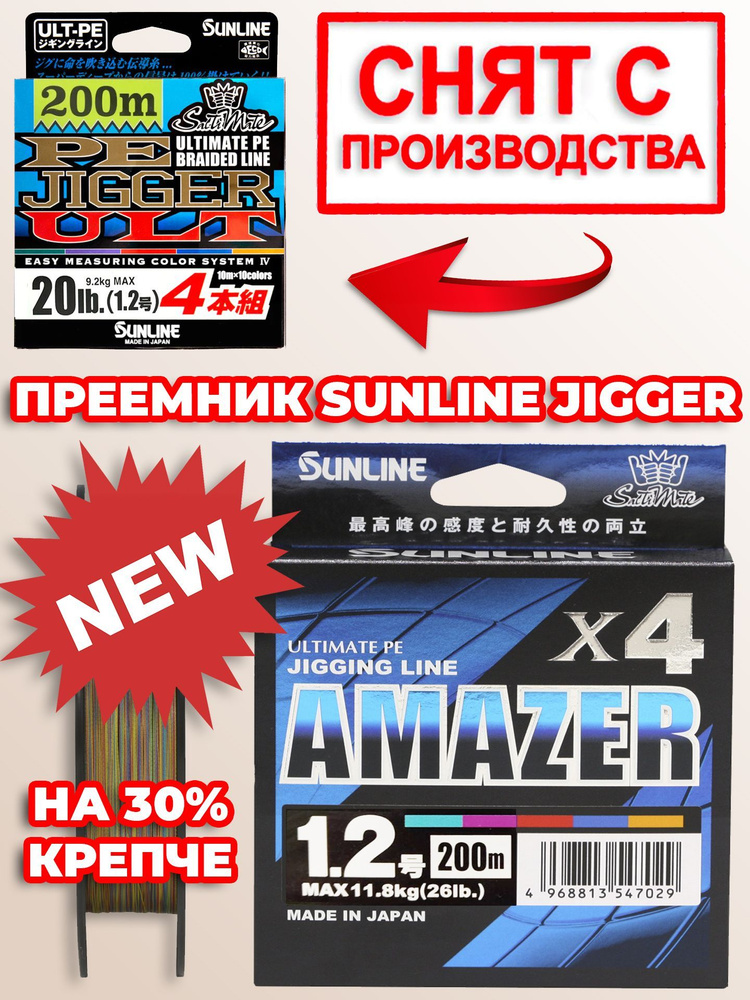 Плетеный шнур для рыбалки Sunline Amazer ULT PE X4 #1.2 (26lb) 200м это обновленный Sunline Jigger ULT #1