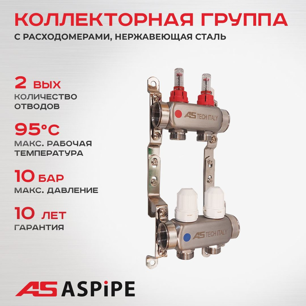 Коллекторная группа ASPiPE (AS-K004) 1"x3/4" на 2 выхода с расходомерами, нержавеющая сталь  #1