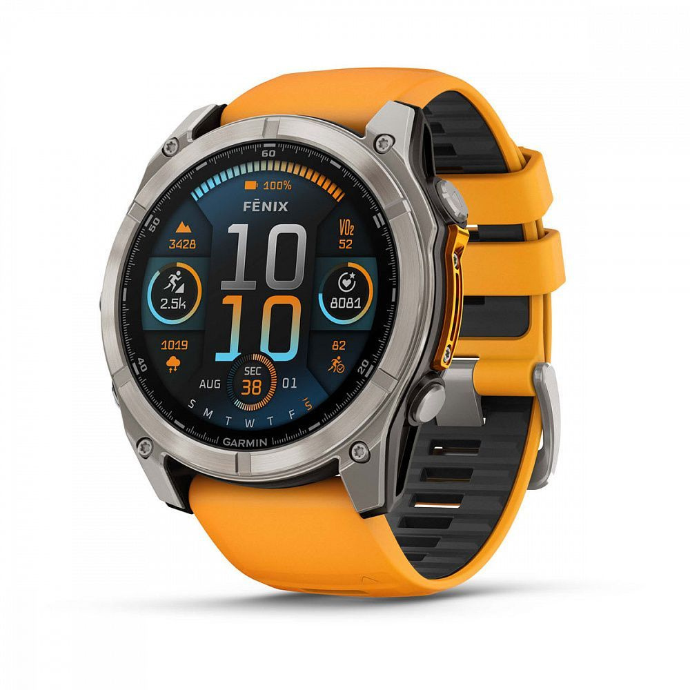 Умные часы Garmin Fenix 8 - 51 мм, AMOLED Sapphire, Titanium, светло-серый, оранжевый силиконовый ремешок #1