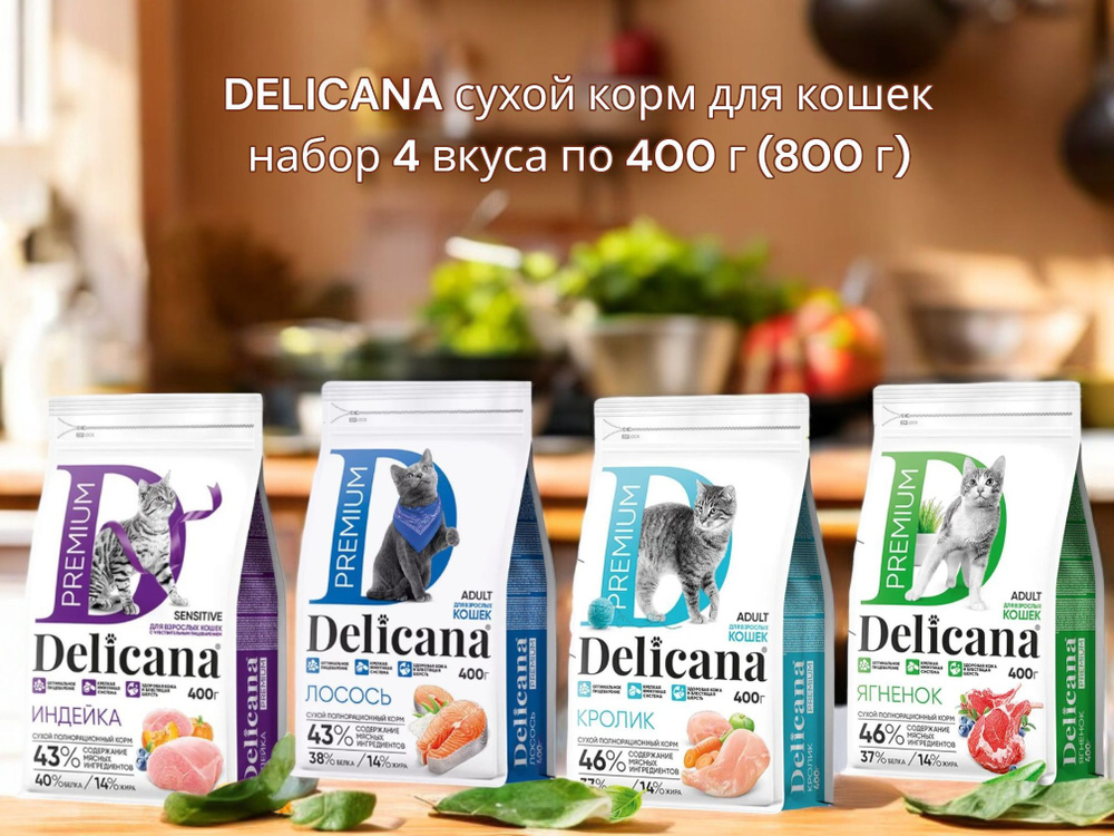 DELICANA сухой корм для взрослы кошек все вкусы 4 вида по 400 гр (1,6 кг)  #1