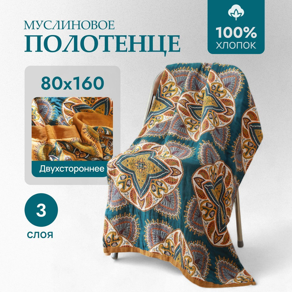 Homely Shop Полотенце банное homely, Хлопок, Муслин, 80x160 см, зеленый, темно-зеленый, 1 шт.  #1