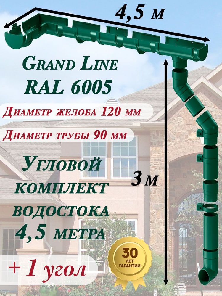 Угловой/прямой комплект водосточной системы Grand Line на 4,5 м карниза (120мм/90мм) зеленый для вальмовой #1