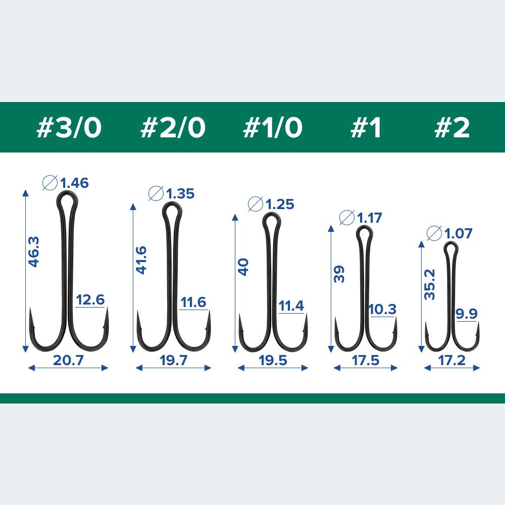 Размеры двойников для рыбалки с удлиненным цевьем Double Hook Long
