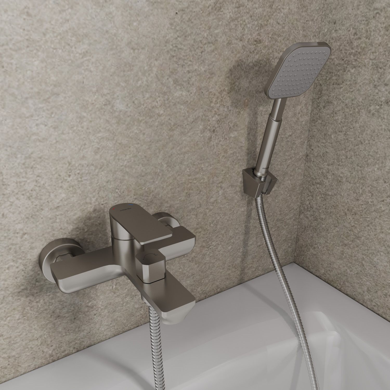Смесительдляваннысдушем,нержавеющаясталь,лейка1режим,шланг1.5м,сатин,Milardo,Maze,MAZBN00M02