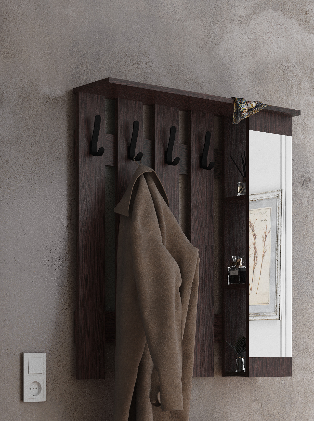 ВешалканастеннаявприхожуюсзеркаломиполкамиЛДСПДубВенге