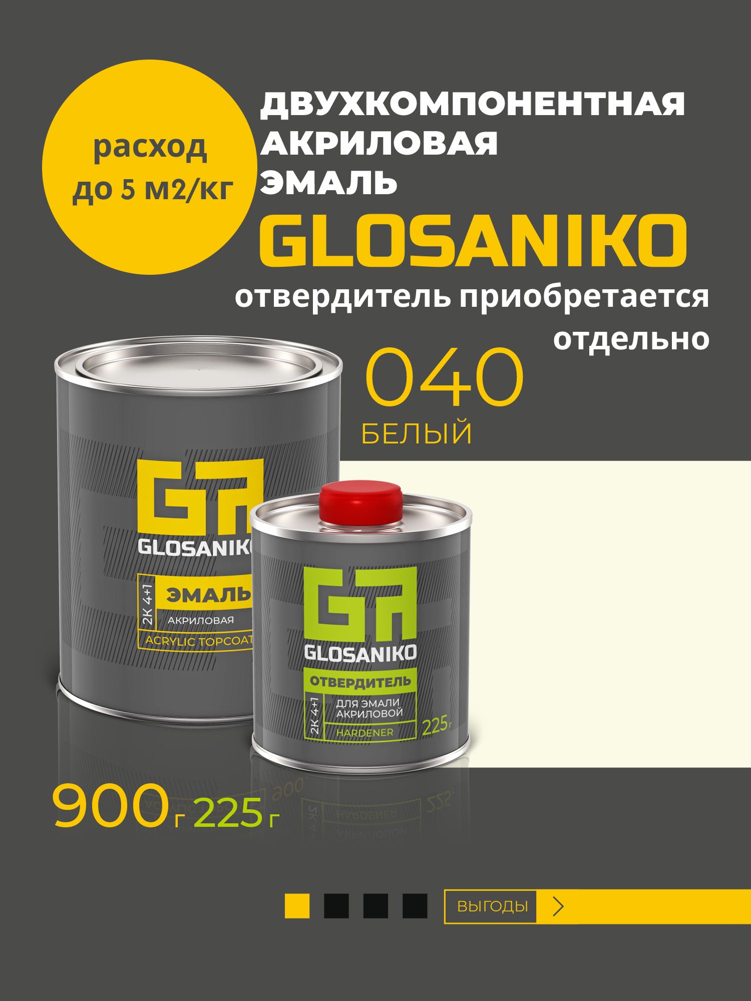 Эмальакриловая2KGlosaniko4:1,Белый040,0,9кг