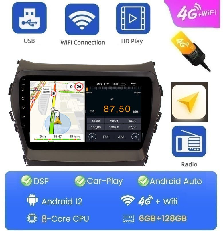 Автомагнитола CC3 Lite Hyundai Santa Fe 2012 - 2019 6 + 128 ГБ Android 13 WI-FI Блютус Радио Видео Громкая #1