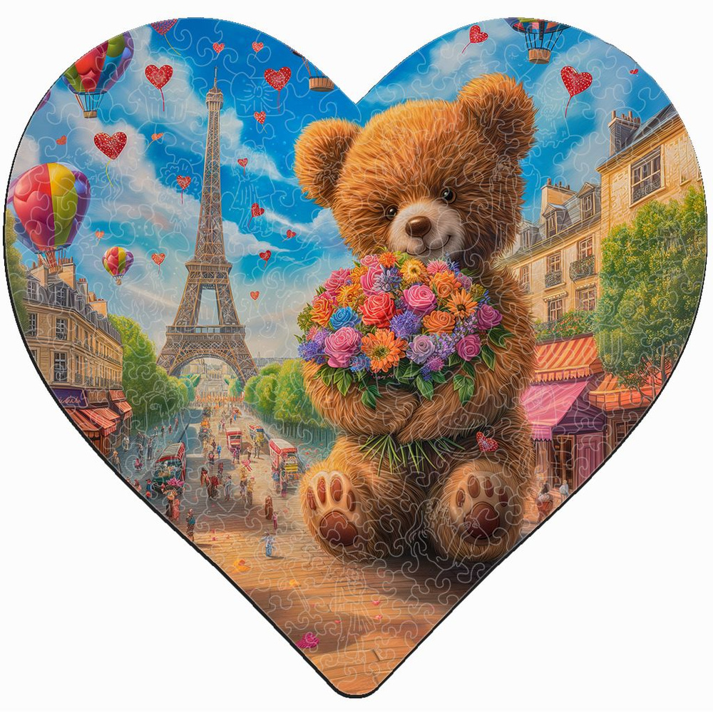 Деревянный пазл "Мишка с цветами" в виде сердца, 29х28см, 267 деталей / Фигурный / Подарок для взрослых #1