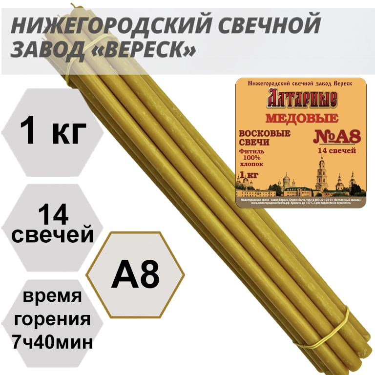 Нижегородские свечи Алтарные медовые - завод Вереск, 1кг, 14 св. Свечи восковые, для домашней молитвы, #1