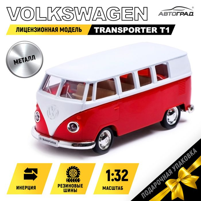 Машина металлическая VOLKSWAGEN TRANSPORTER T1, 1:32, открываются двери, инерция, цвет красный  #1