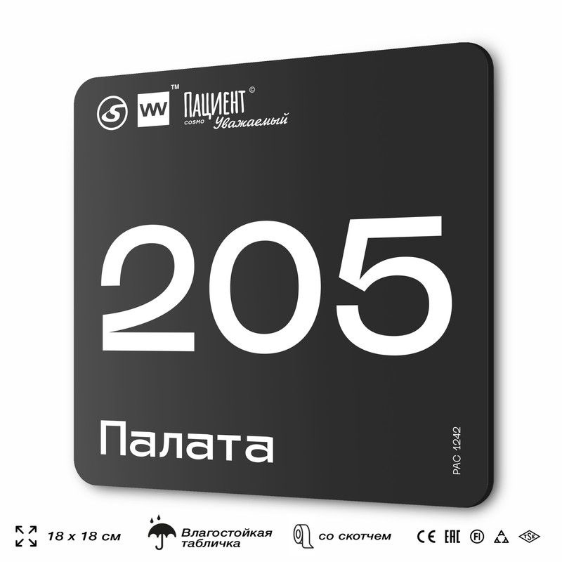 Табличка информационная "Палата №205" для медучреждения, 18х18 см, пластиковая, SilverPlane x Айдентика #1