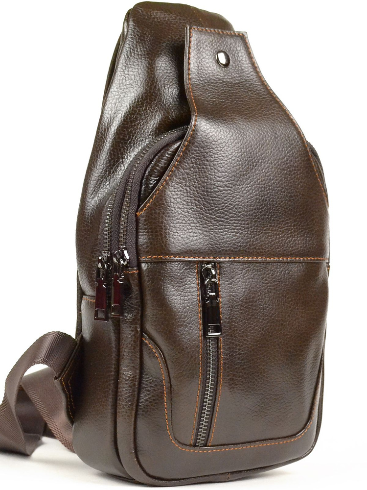 Мужская сумка рюкзак слинг на грудь из натуральной кожи, через плечо, темно-коричневый, 31x16x7см  #1