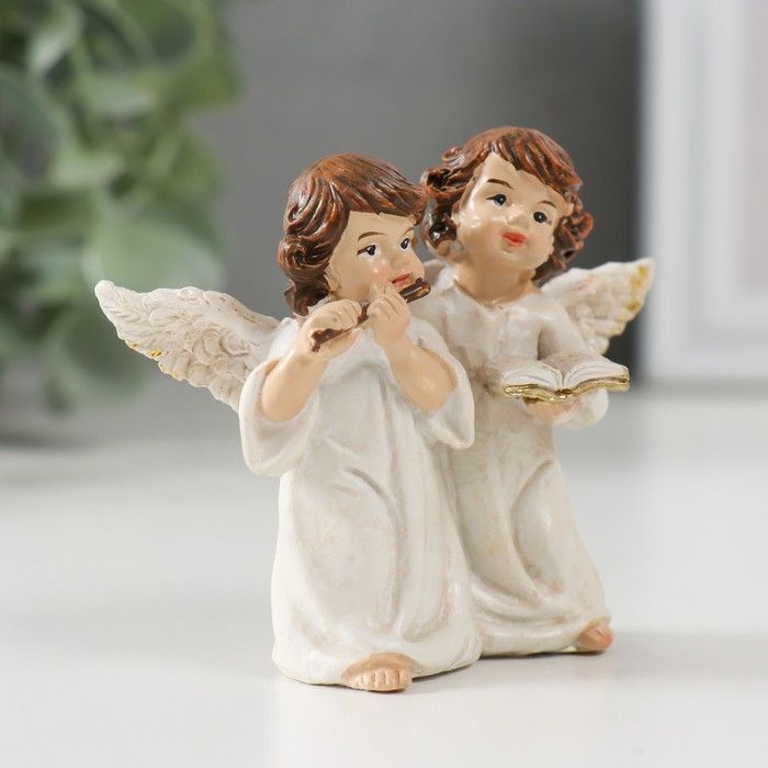 Сувенир полистоун "Два ангела в с флейтой и книгой" 6,2х7,5х3,2 см  #1