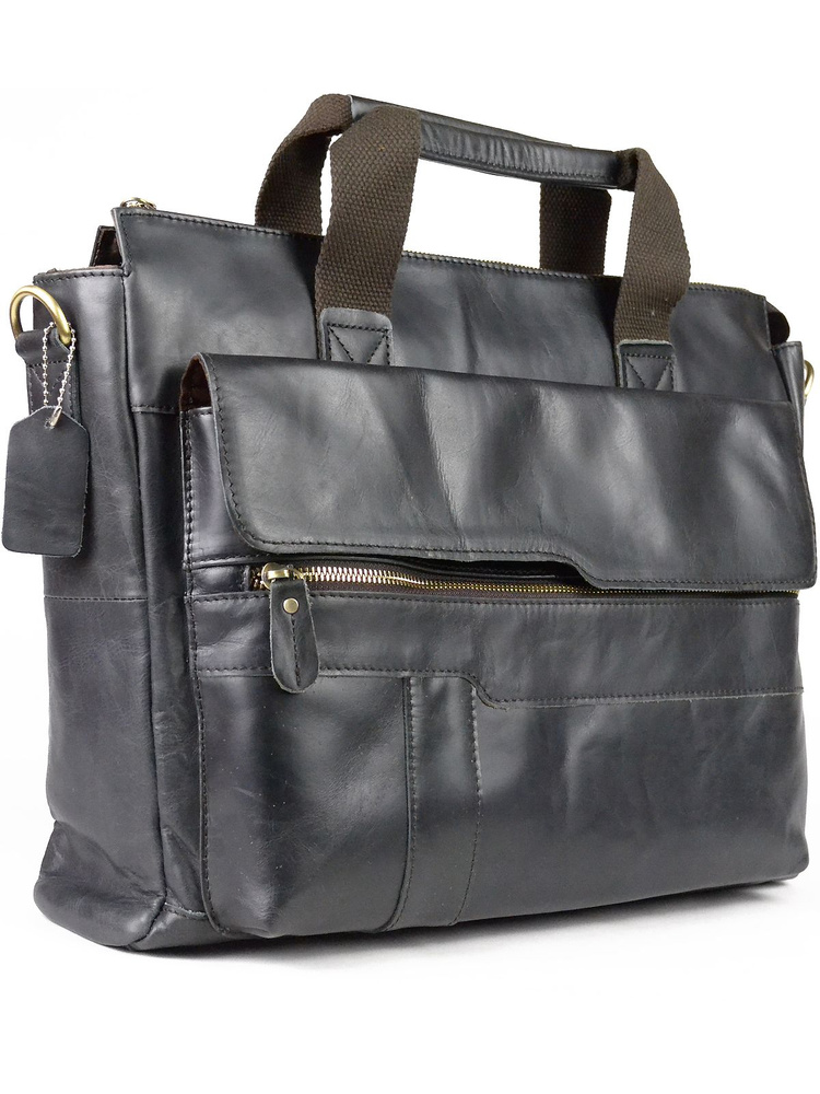 Мужская сумка портфель из натуральной кожи черная 38x30x8см  #1