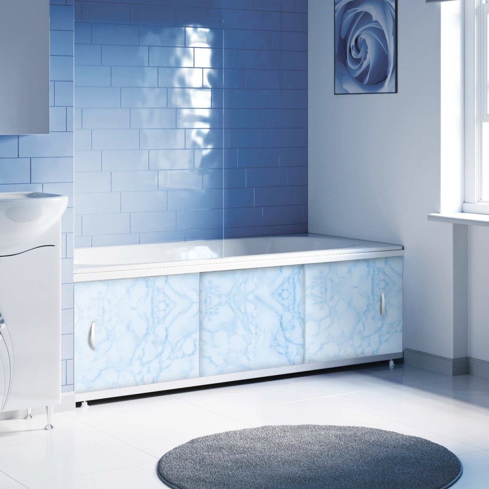 Экран под ванну пластиковый Elegant170, алюминиевый профиль, фасад ПВХ панель, цвет Голубой мрамор  #1