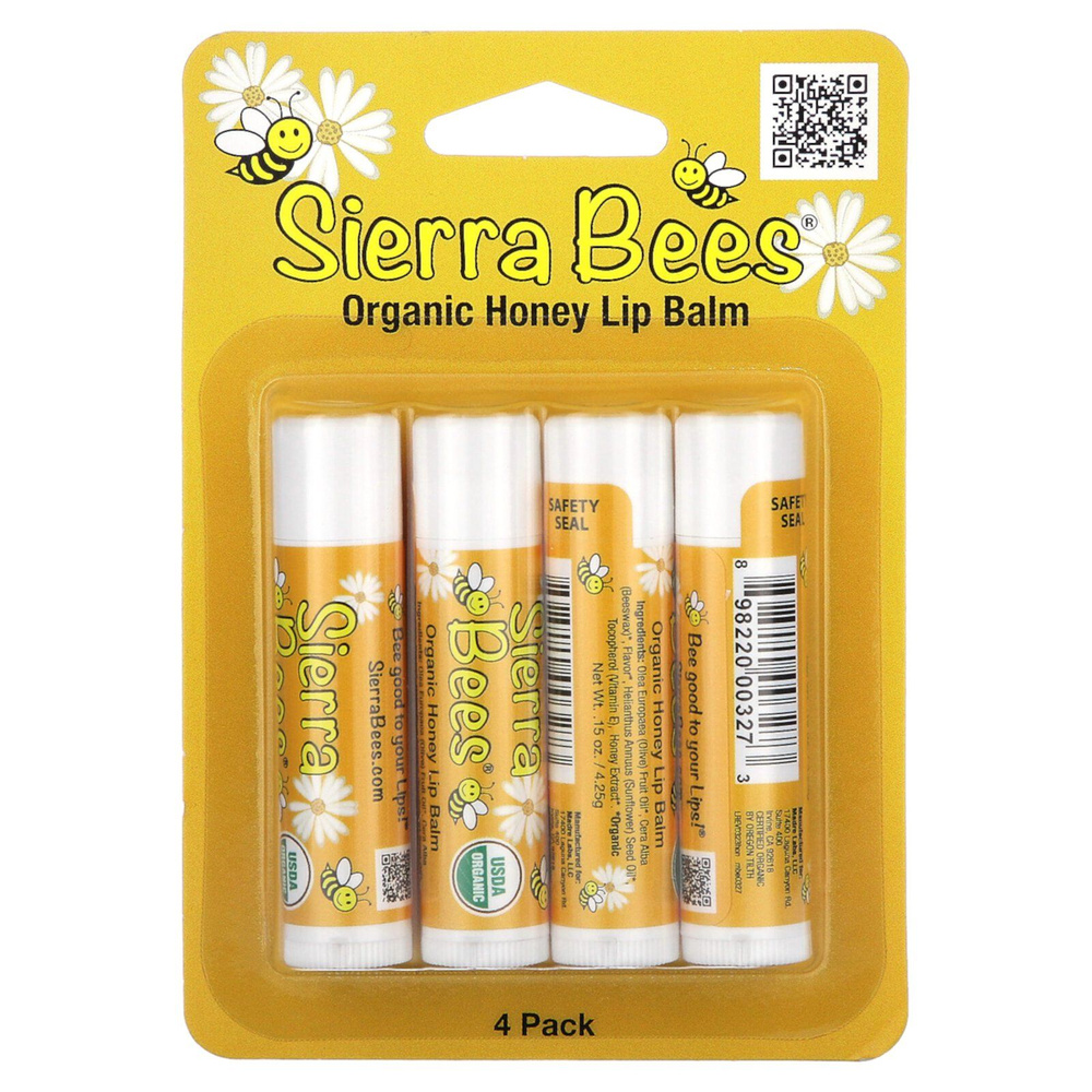 Sierra Bees, Бальзам для губ органический, с медом, 4 штуки #1