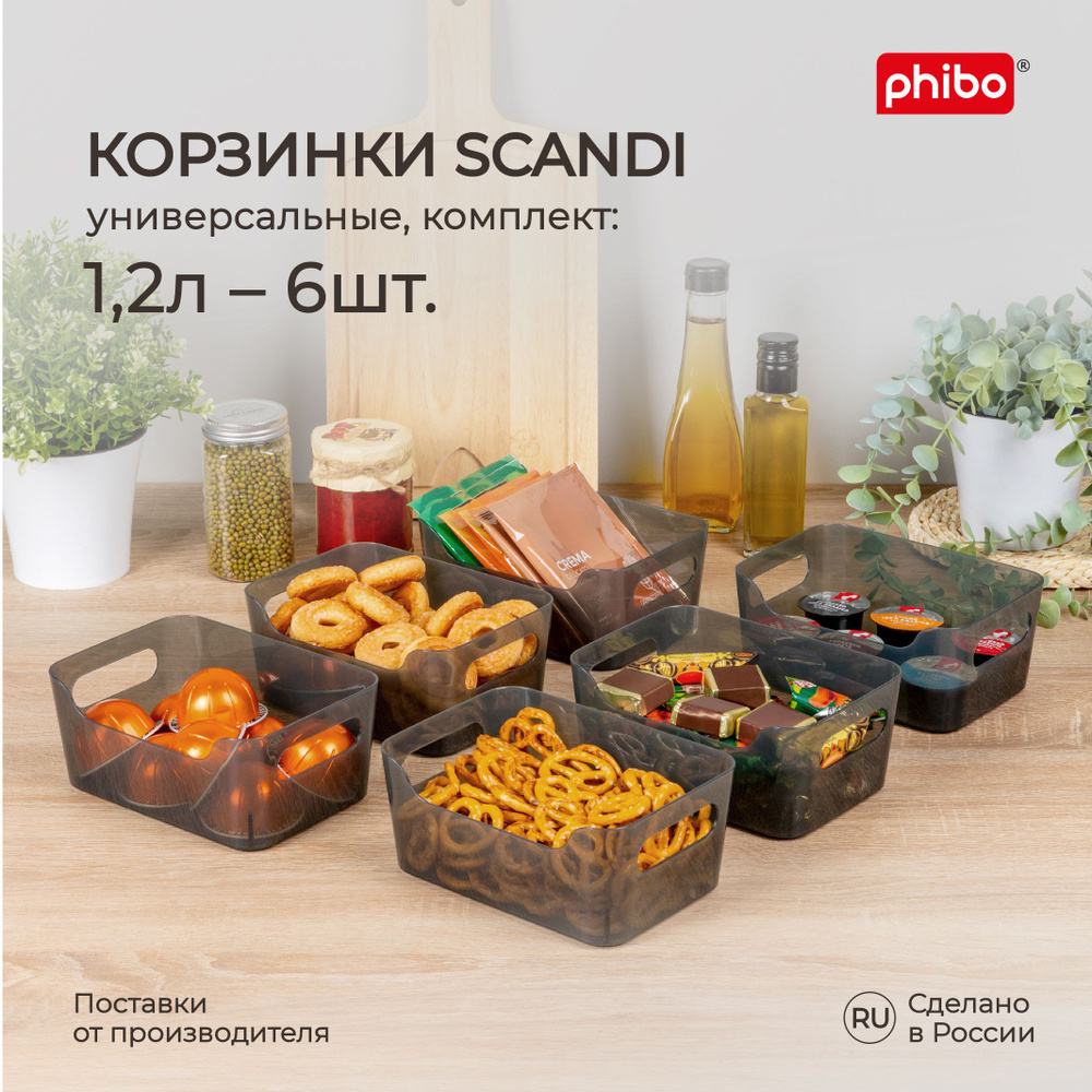 Набор корзинок универсальных для холодильника Scandi, 1,2л, 6шт (Черный), Phibo  #1
