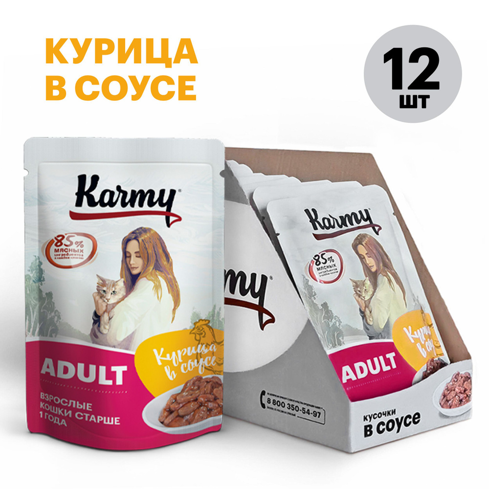 Влажный корм KARMY ADULT для кошек старше 1 года Паучи 12 шт. по 80г. Курица в соусе  #1