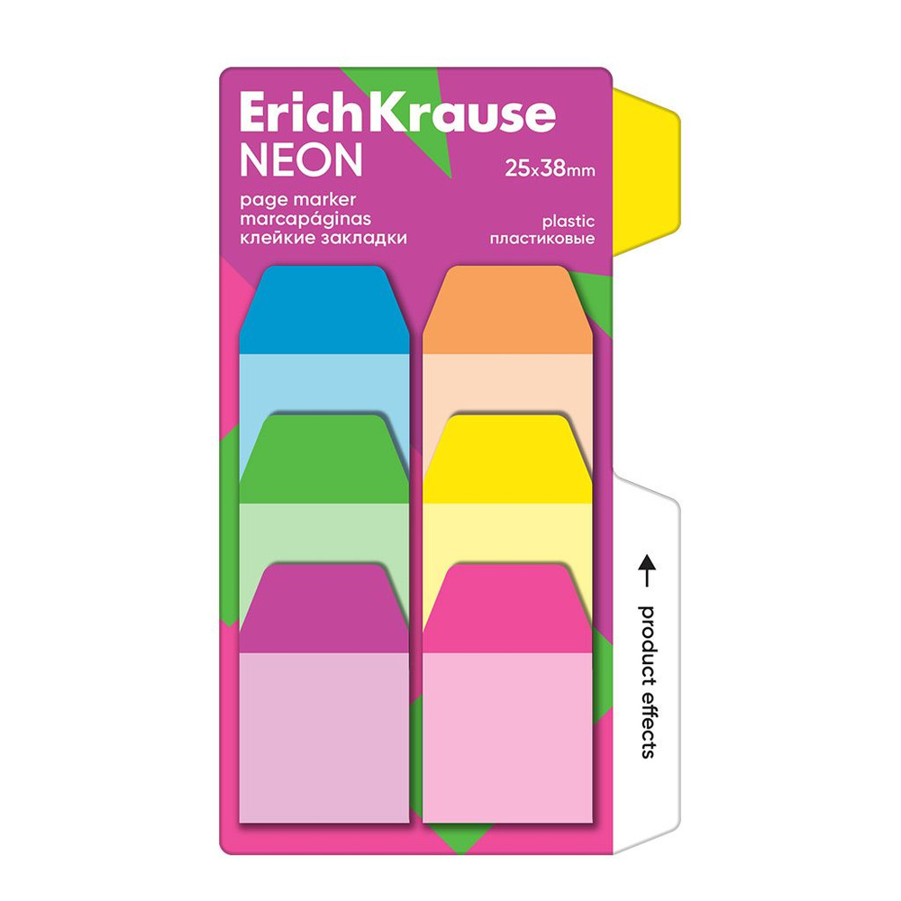 Клейкие закладки пластиковые ErichKrause Neon, 25X38 мм, 60 листов, 6 цветов  #1