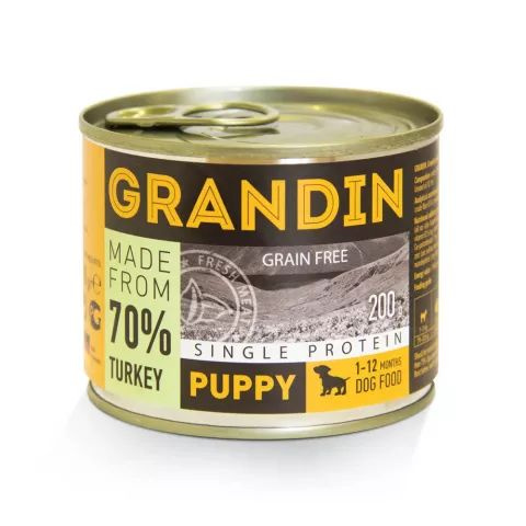 2 ШТ Grandin Puppy Влажный корм (консервы) для щенков всех пород, с индейкой и льняным маслом, 200 гр. #1