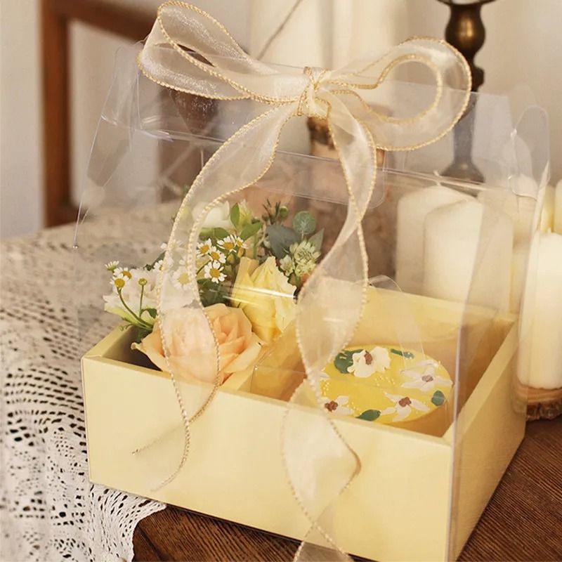 Подарочная коробка для тортов и цветов с ручкой для переноски- желтый цвет  #1
