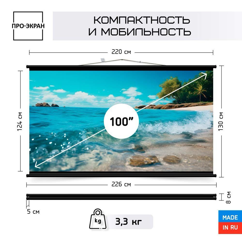 Экран для проектора ПРО-ЭКРАН 220 на 124 см (16:9), 100 дюймов #1