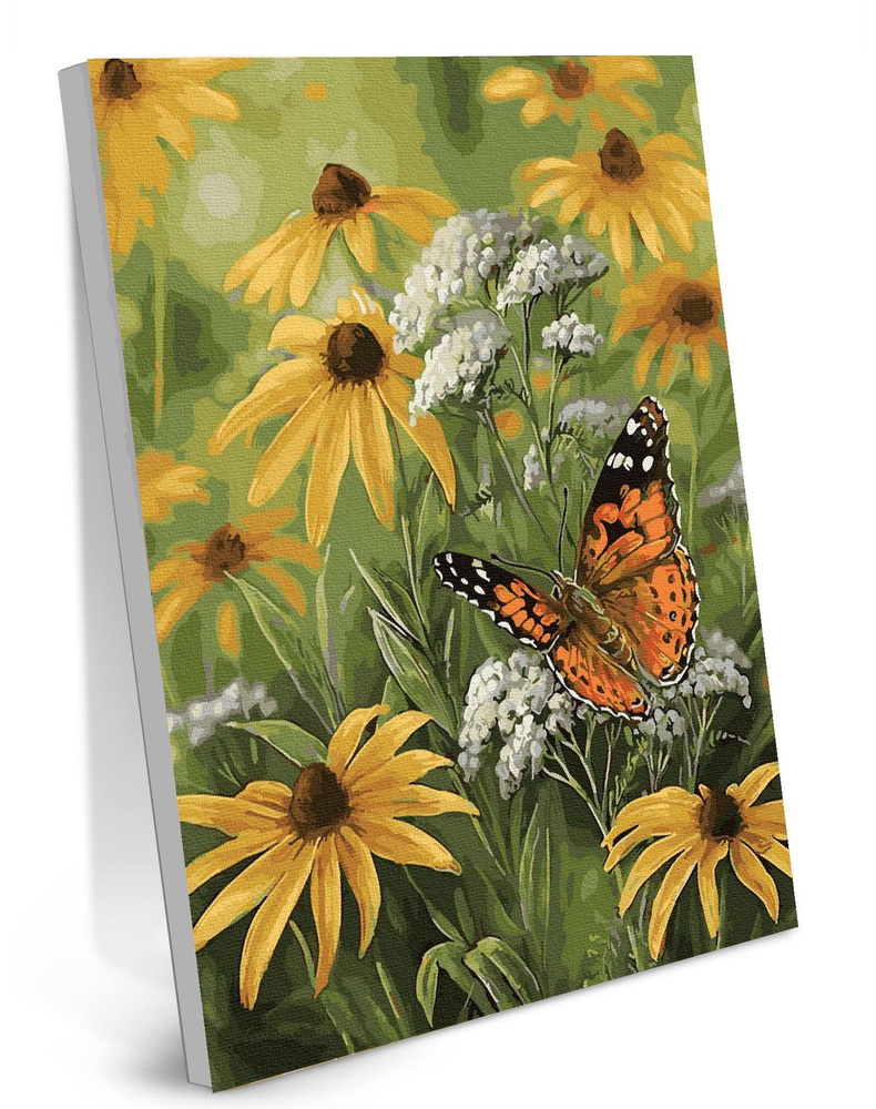 Картина по номерам на холсте 40x50 Бабочка в цветах на подрамнике с оргалитом  #1