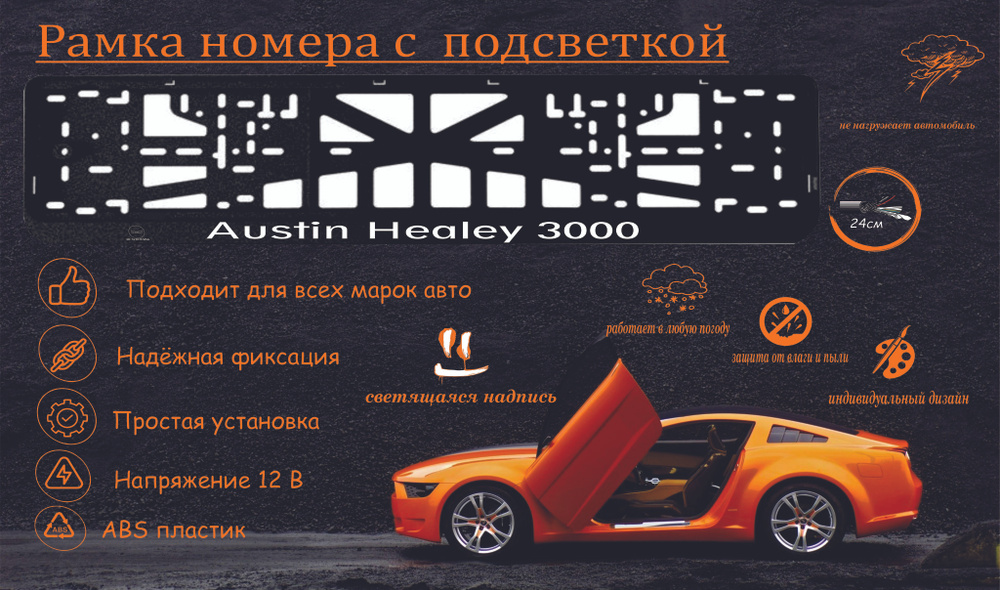 Рамка номера со светодиодной LED подсветкой с логотипом для автомобиля Austin Healey 3000, тюнинг авто, #1