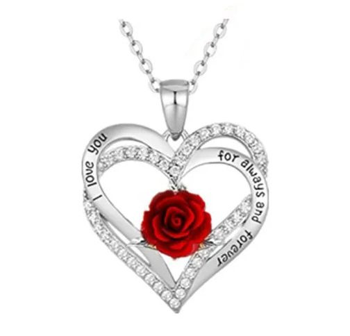 Цепочка с кулоном в виде сердца с розой "Я люблю тебя на веки вечные" под серебро  #1