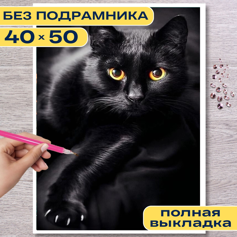 Алмазная мозаика БЕЗ ПОДРАМНИКА 40*50 (36*46) полная выкладка BILMANI "Черный кот", алмазная вышивка #1