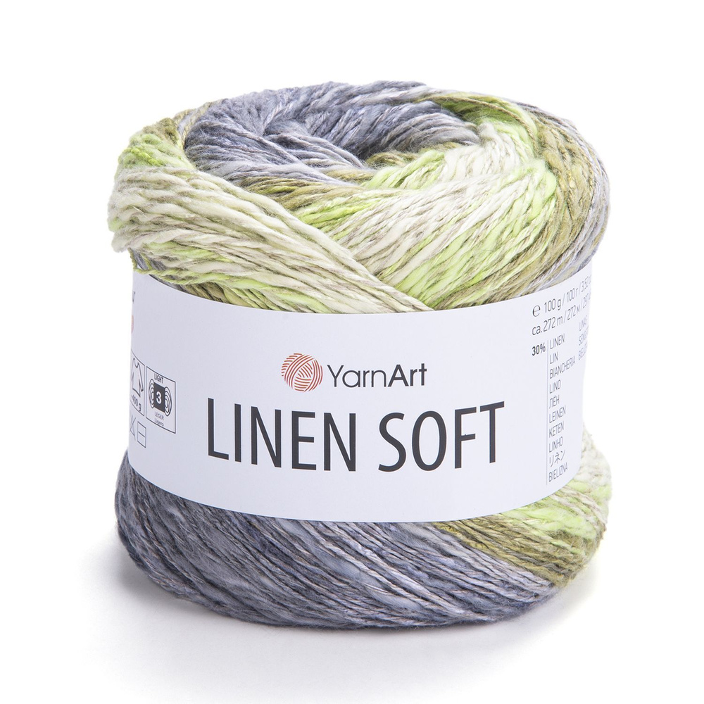 Пряжа Linen soft YarnArt - 7414 (сер/св.салат/хаки), 30% лен, 36% вискоза, 34% хлопок, (100г, 272м) нитки #1