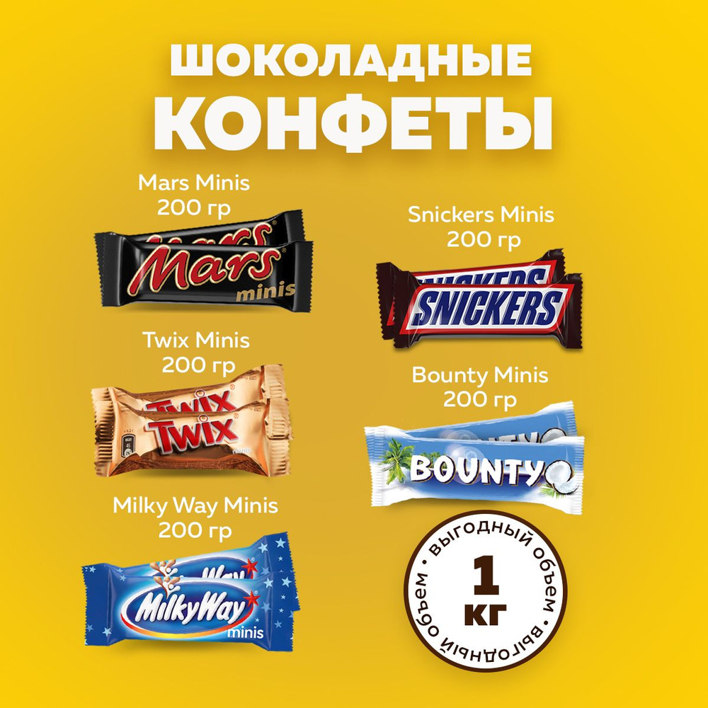 Шоколадные конфеты MixMinis Ассорти 5x200г. Батончики Snickers, Twix, Bounty, MilkyWay, Mars  #1