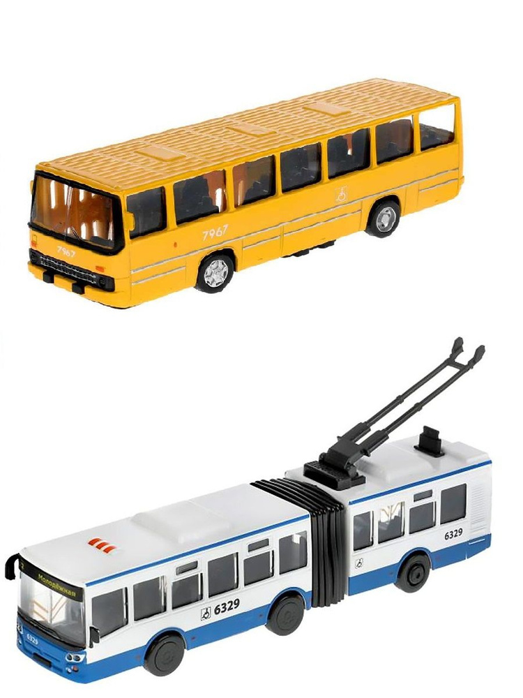 Набор машинок Городской автобус 17 см желтый и Городской троллейбус 19 см бело-синий Технопарк  #1