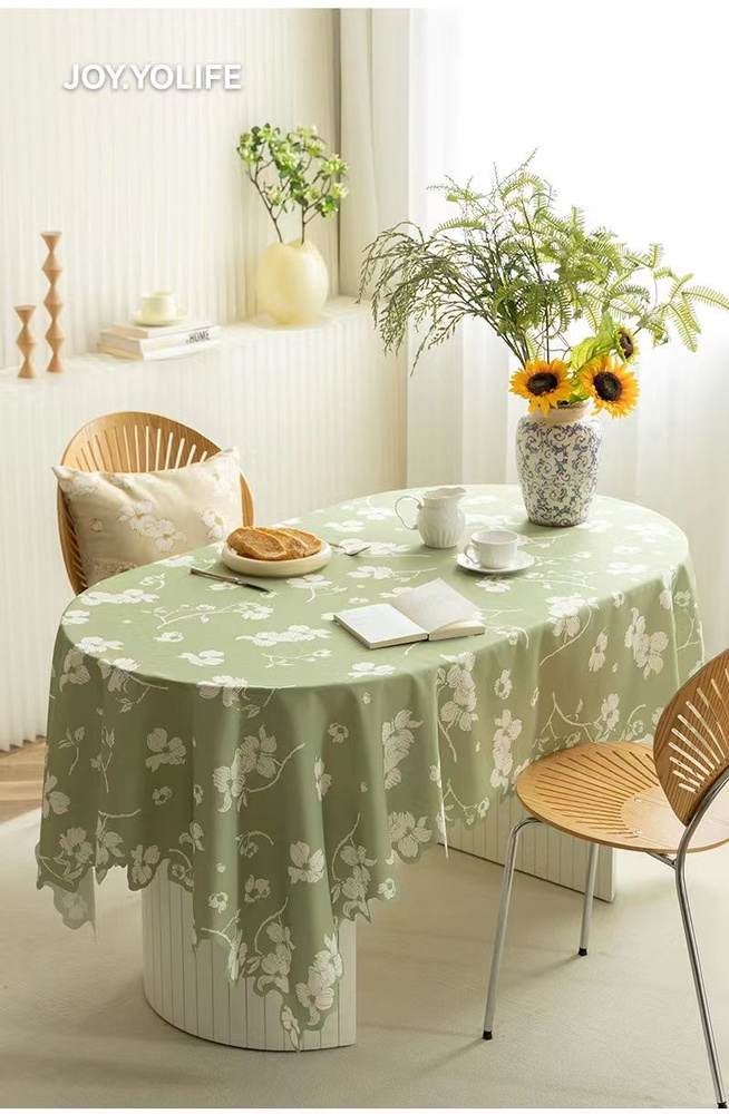 Скатерть на стол тканевая 140х140 см Joy.Yolife квадратная с цветочным принтом Зеленые цветы, праздничная, #1
