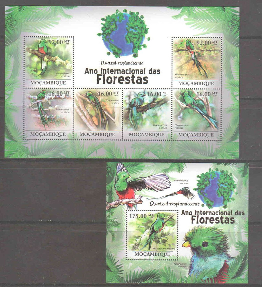 Набор из 2 блоков марок "Птица. Гватемальский квезал". Мозамбик, 2011 год  #1