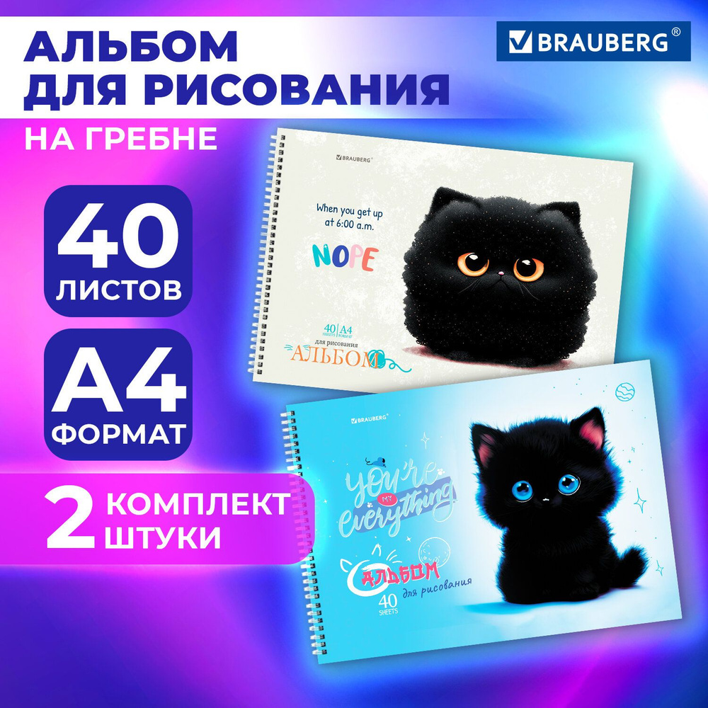 Альбом для рисования в школу А4 40 листов на спирали, набор 2 штуки, обложка картон, Brauberg Котики #1