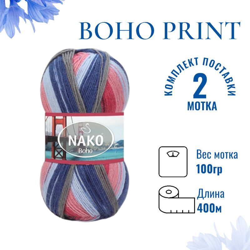 Пряжа для вязания Boho Print Nako Бохо Принт Нако 81740 тёмно-розовый/джинс/серый /2 штуки75% шерсть, #1