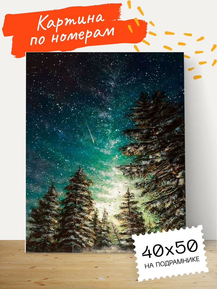 Картина по номерам Hobruk "Зимний лес", на холсте на подрамнике 40х50, раскраска по номерам, набор для #1