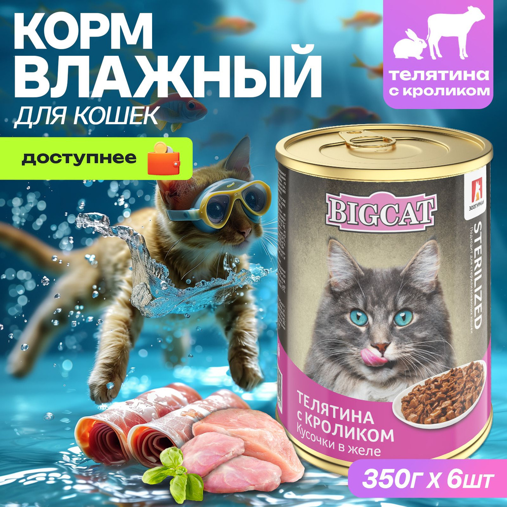 Корм влажный для стерилизованных кошек Зоогурман BIG CAT Телятина с Кроликом 350 г х6 шт, консервы  #1